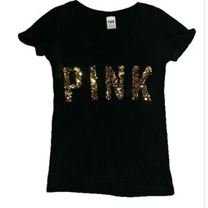 Women's PINK Black Gold Sequin Short Sleeve V-Neck Tee XS